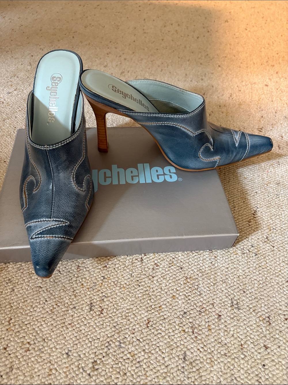 Seychelles Denim Blue Leather Mule Cowboy Boot Heels
